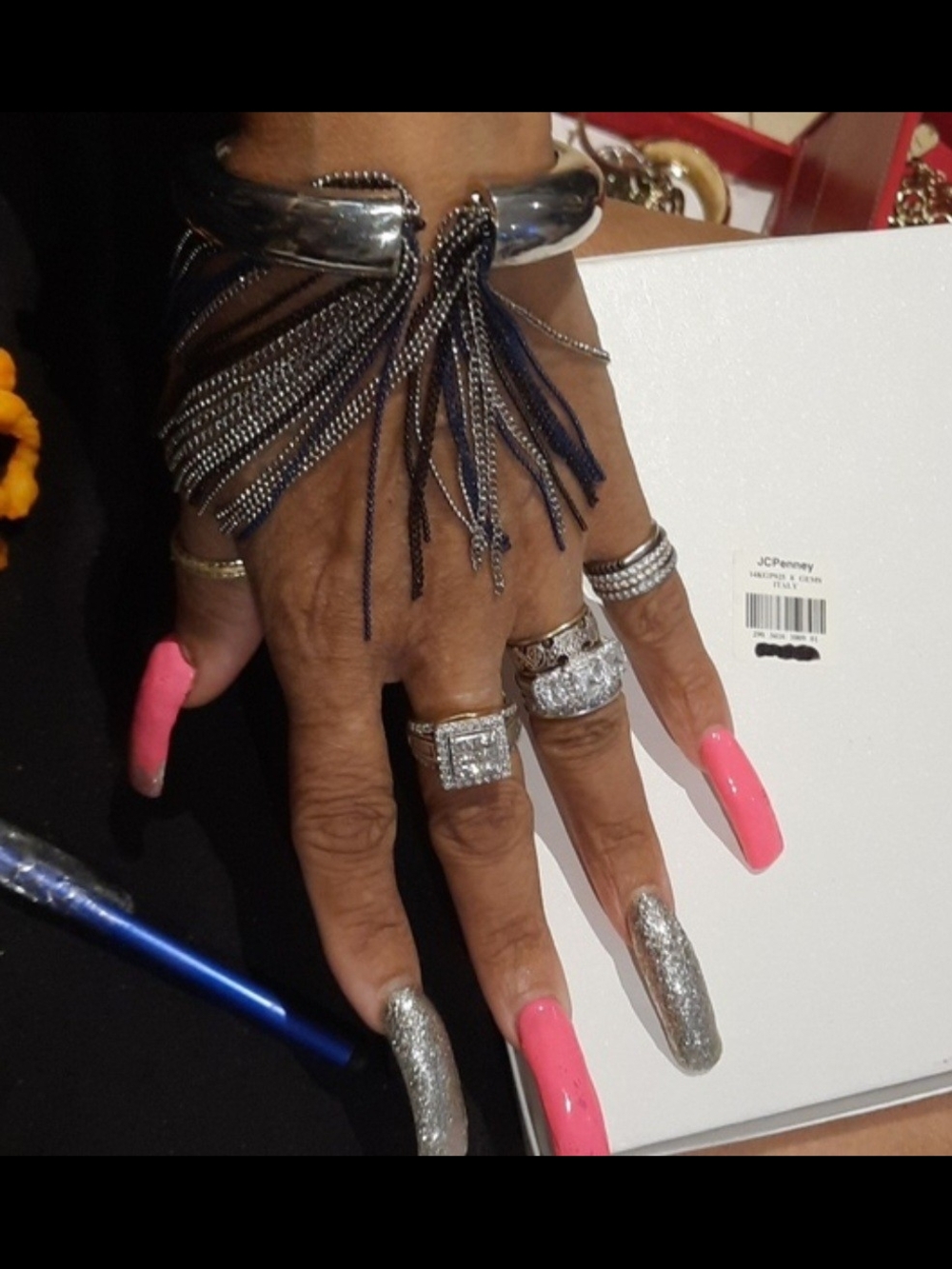 Gorgeous Hefty Silver Multi-Chain Sexy Dangle Tassel Bangle Bracelet Blue Accent